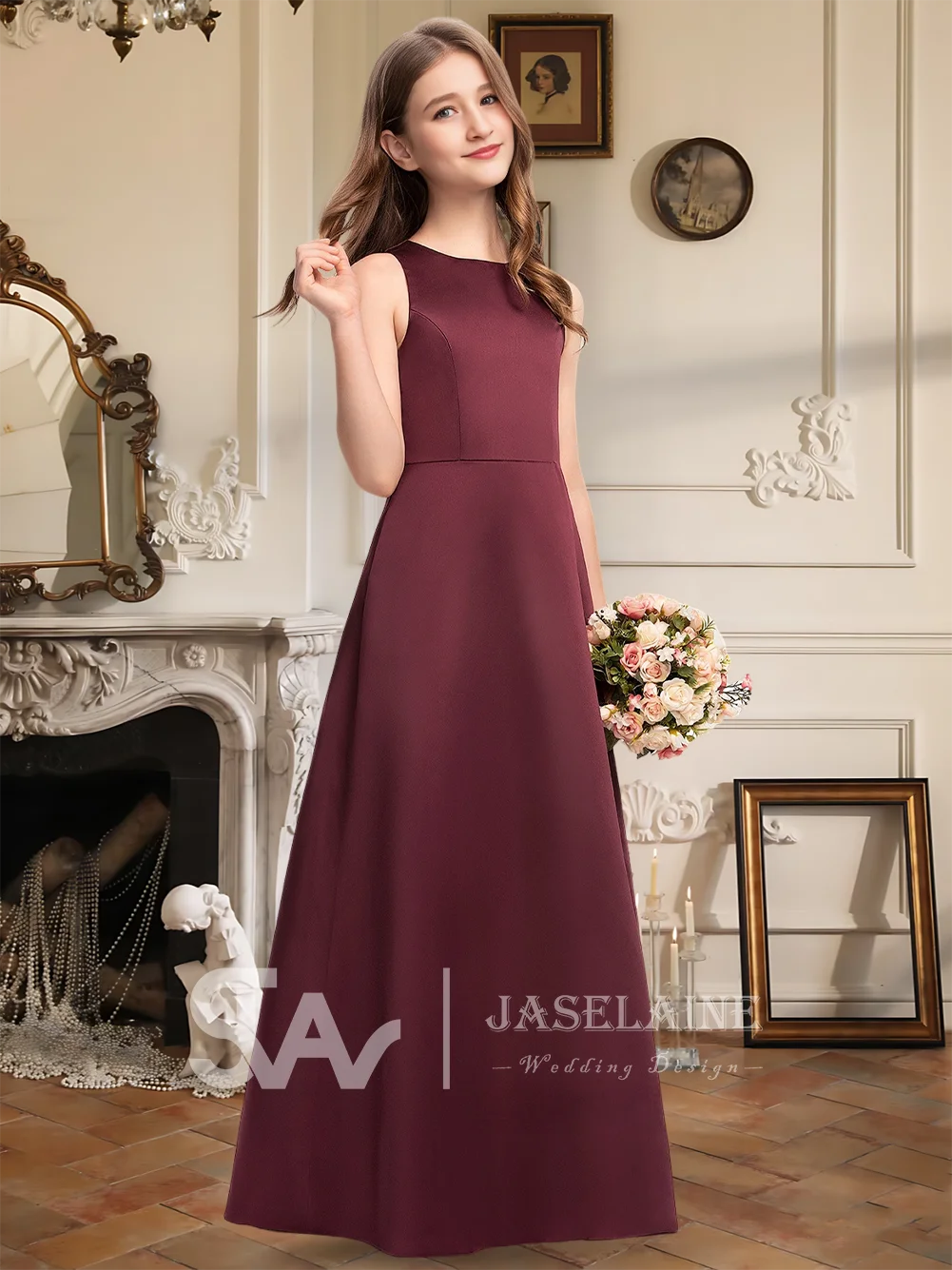 Элегантное платье подружки невесты с круглым вырезом, атласное трапециевидное платье длиной до пола с карманами, платье с цветочным узором для девочек, официальная свадьба для девочек