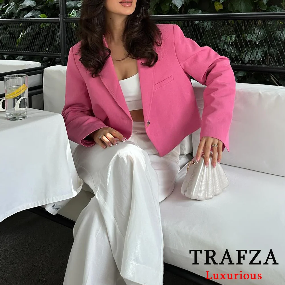 TRAFZA Casual Solid Women Short Blazer Long Sleeve V Neck Pockets Blazer Fashion 2024 Autumn Office Lady Luxury Elegant Outwears