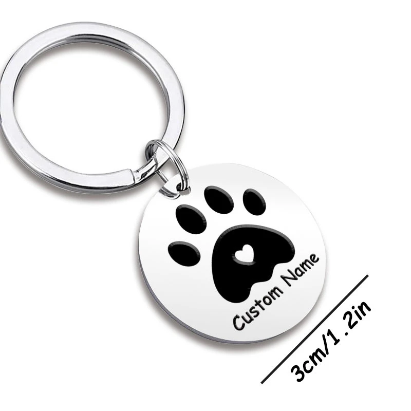 One Custom Name Keychain Made of Stainless Steel Featuring a Round Dog Paw Print Design, Laser-Engraved Pet ID Tag