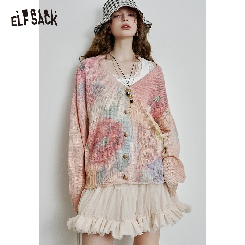 

ELFSACK 2025 Spring New Arrivals Sweet Cute Cat Printed Long Sleeve V-Neck Knitted Cardigan Women