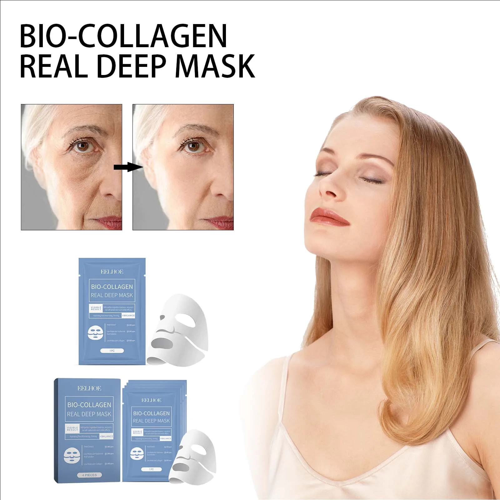 

4pcs Eelhoe Collagen Face Masks Hydrating Moisture Lock Brightening Tone Firming Revitalizing Calming Care Nourish Face Masks