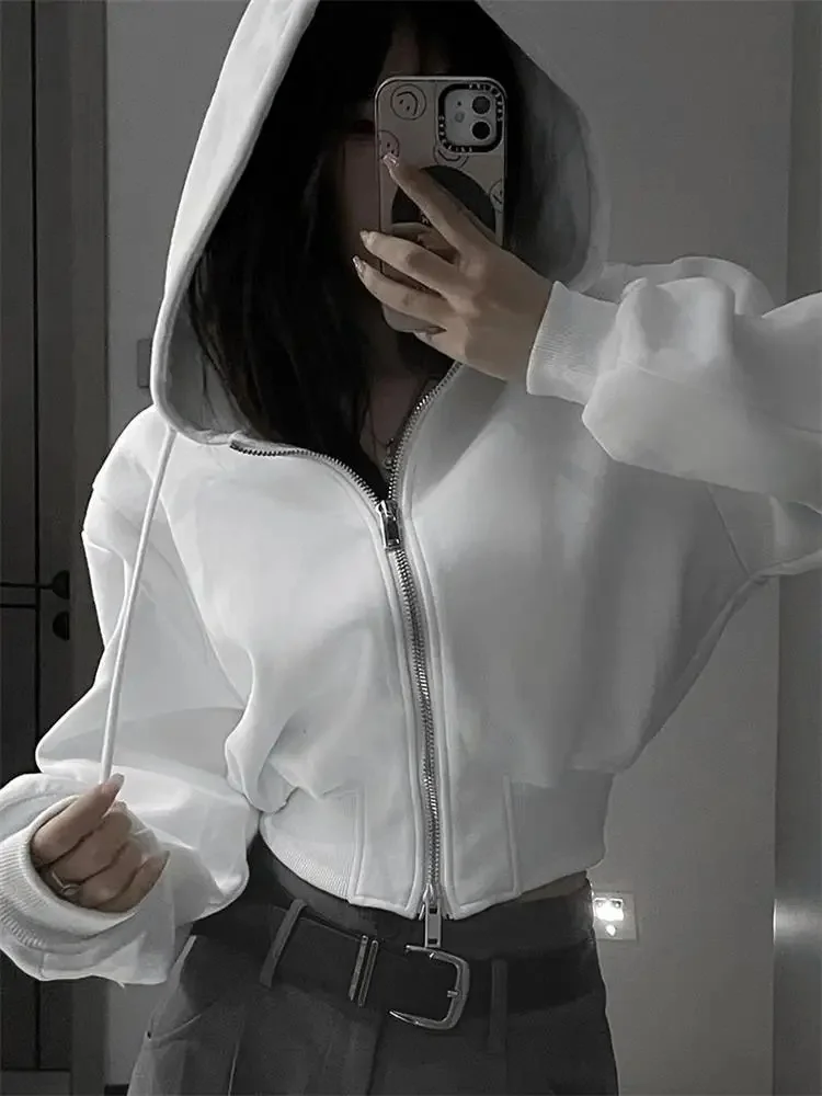 Casual Short Hooded Sweatshirt Women Zip Up Hoodies Mujer Solid Harajuku Long Sleeve Slim fit Crop Top Female Jackets Coat — zdjęcie 2