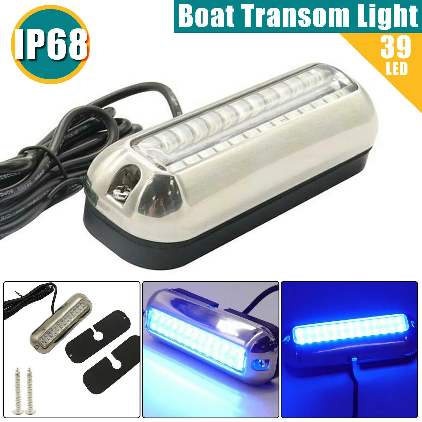 GIE.TOP Blue 39LED Underwater Boat Marine Transom Light Lamp 316 Stainless Steel Pontoon IP68 White