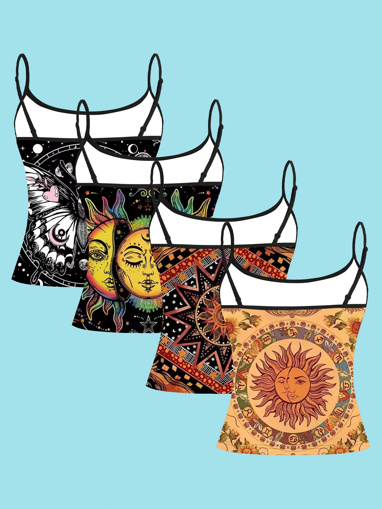 4-piece set of retro print camisoles with sun, moon, and star motifs, European and American style mysterious astrology pattern tank top set, popular personalized women's tops