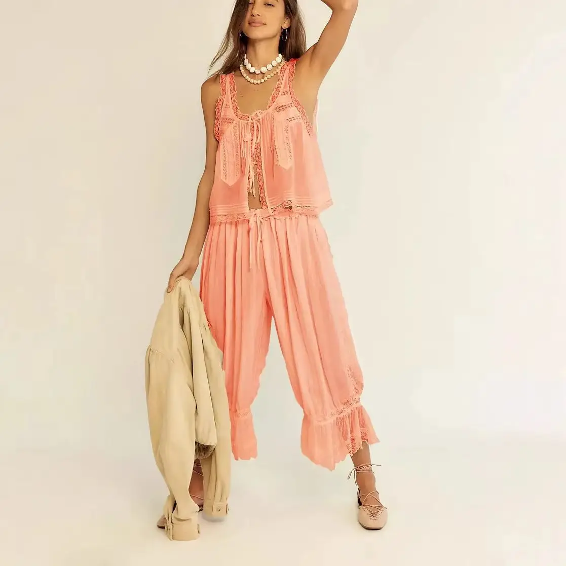 Boho Vintage 2-teiliges Hosen-Outfit Lässiges Ärmelloses Top mit Schnürung Vorne und Spitzenbesatz Kordelzug-Hose Sommer Damen-Set