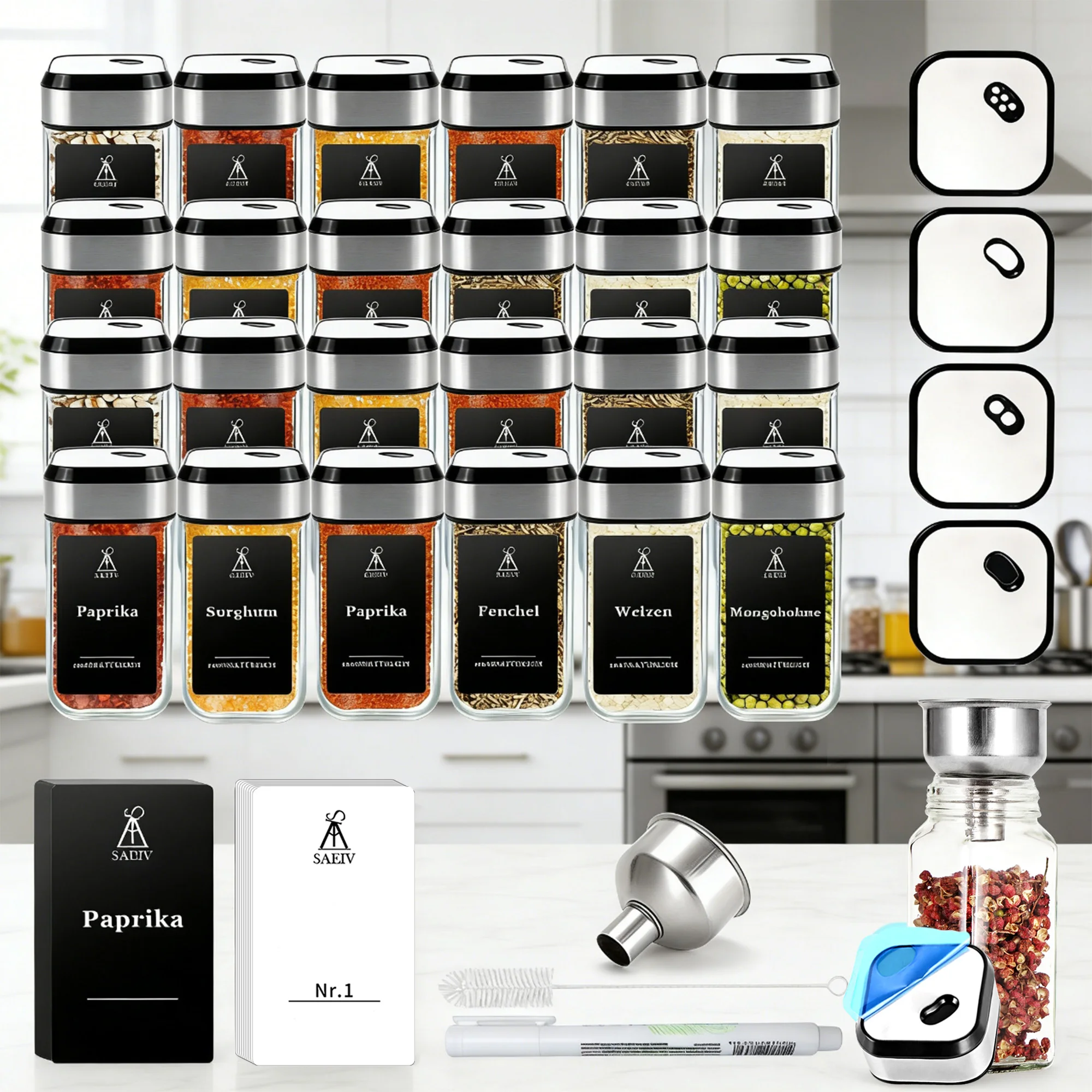 SAEIV Gewürzgläser eckig, 12/24 x 120 ml luftdichte Glasdosen, Aufbewahrung von Lebensmitteln zu Hause,BPA-frei，organizer küche