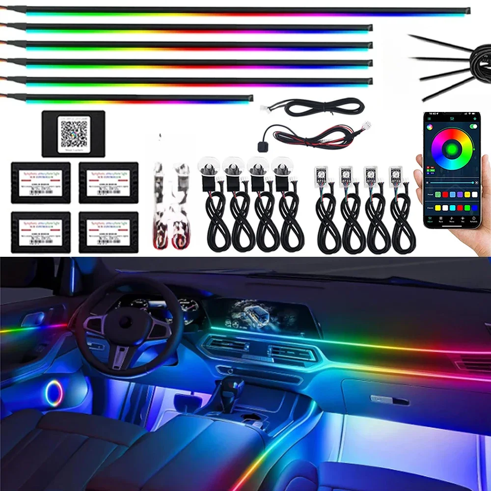 18 w 1 Symphony Car Ambient Lights LED RGB 64 Colors Hidden Neon Acrylic Strip Interior Atmosphere Lamps Kit Black Tape Sticker — zdjęcie 2