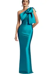 Satin One Shoulder Evening Dresses Elegant Plain Sleeveless Cocktail Dress Backless Mermaid Bodycon Party Gowns With Large Bow