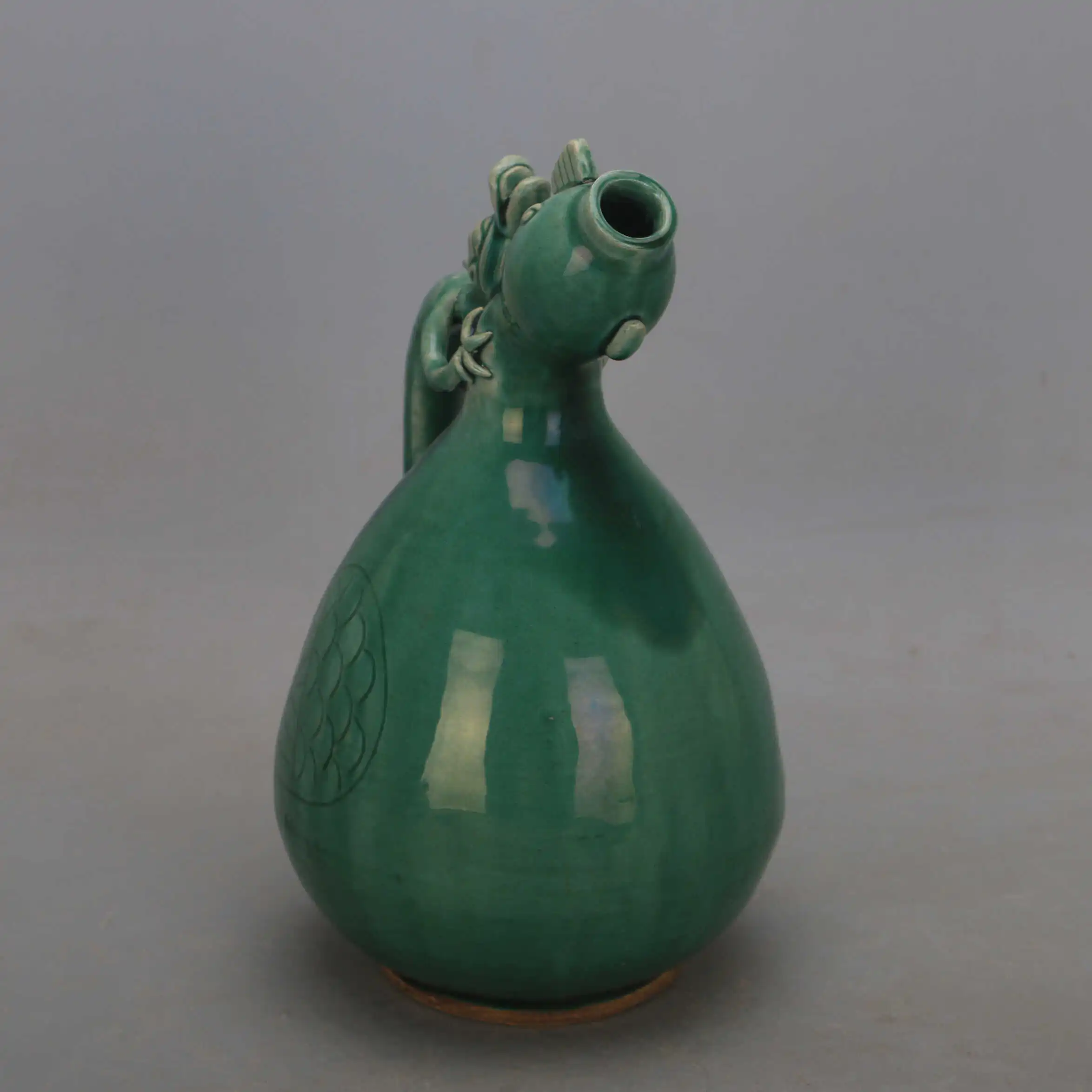 Vintage Song Dynasty Style Yue Kiln Green Glaze Carved Dragon Pattern Crooked Spout Teapot Ceramic Home Decor Collectible