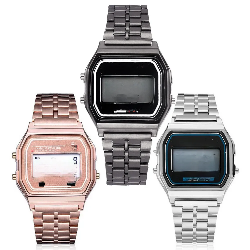 Relógio Eletrônico LED Ultra-Fino, Relógio de Tira de Aço, Luz Fria Dourada e Prateada, Moda