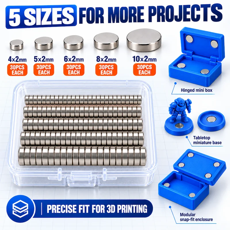 150 Stück 3D-Druck-Magnete-Set 4x2 5x2 6x2 8x2 10x2mm Neodym-Rundmagnete für 3D-Modelle, Miniaturen, DIY-Bastelprojekte – Detail 6