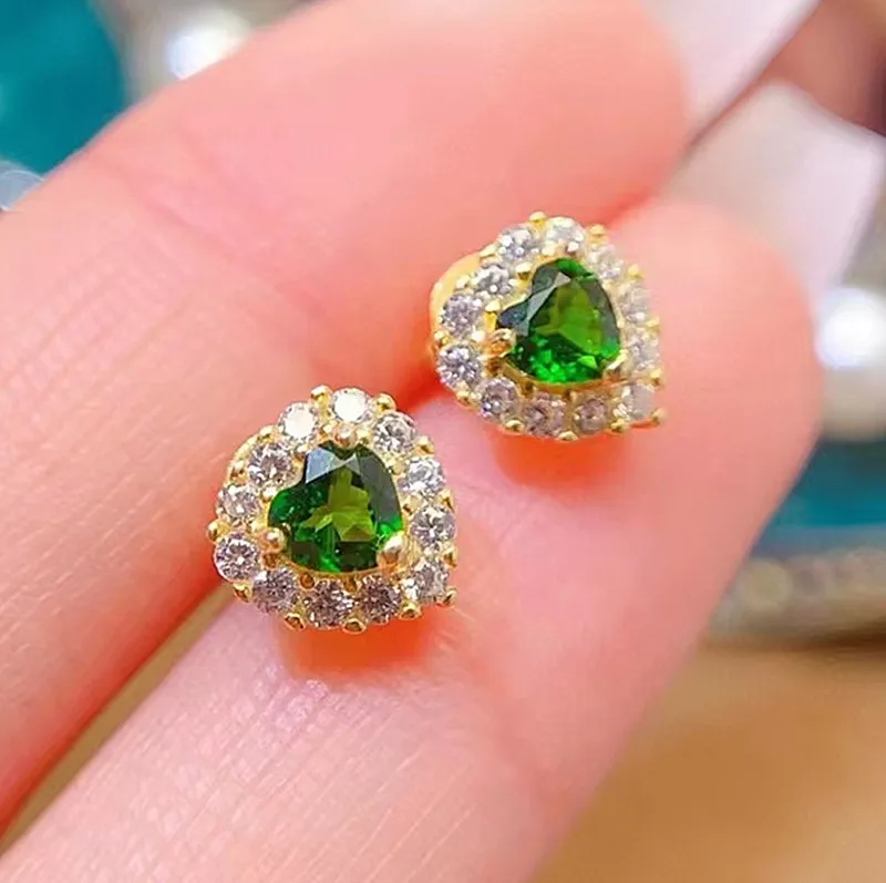 

Fine Jewelry Natural Russian Diopside Heart-shaped Women's Earrings S925 Pure Silver Precision Inlaid Support Testing Party Gift