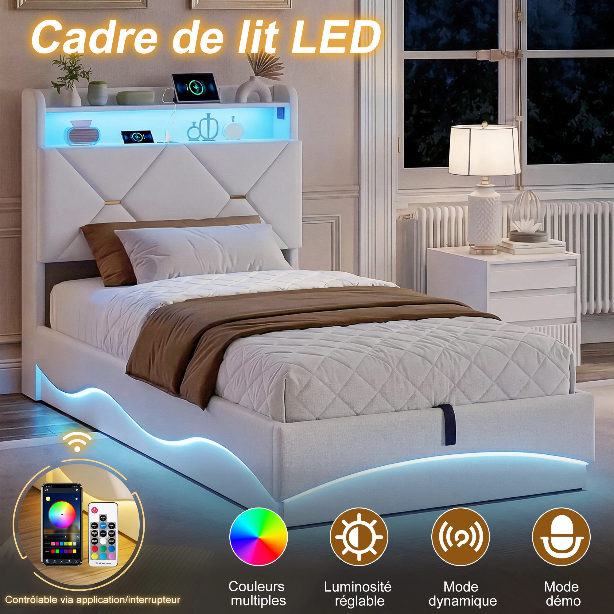 Lit double rembourré Superaly avec lumières LED, station de charge USB et tête de lit avec rangement, lit simple et cadre de lit pour enfant