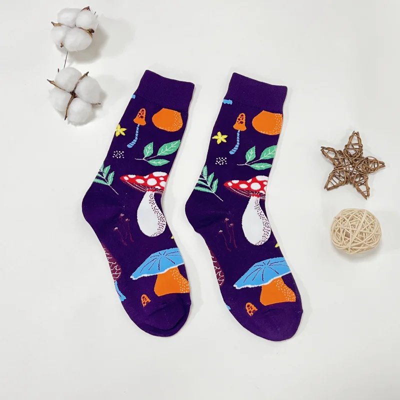 1 Pair Purple Mushroom Pattern Oil Painting Style Fashion Trend Women's Mid-Calf Socks