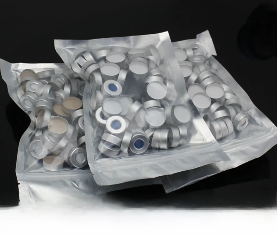 100 sztuk/partia 20mm * 3mm aluminium cap z białym z PTFE/niebieski silikonowy przegrody na 10 ml/ 20 ml butelka próbka szczęki chromatografia fiolka — zdjęcie 2