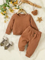 2Pcs Winter Autumn Baby Boys Clothes Set Tops Round Neck Long Sleeve Solid Color + Trousers With Buttons 6-24M