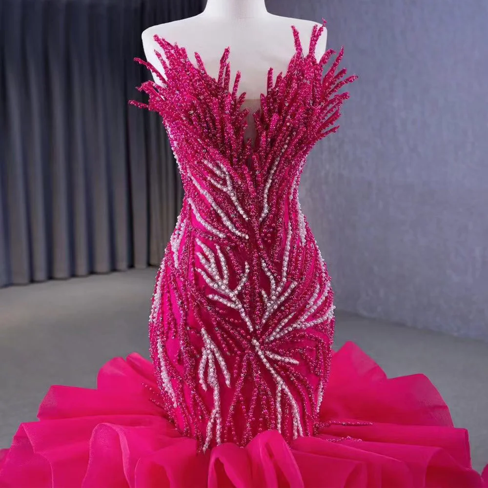 

Vestido De Gala Noche Mujer Sweetheart Evening Dress Beaded Lace Rose Red Long Ruffles Dress For Special Occasions
