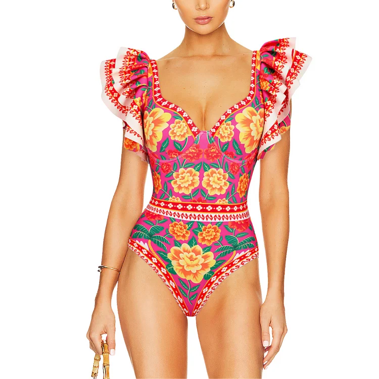 Maillot de bain une pièce à volants, imprimé fleuri rétro, jupe d'été, vêtements de plage pour femmes, nouvelle collection 2024