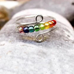 Bohemian Rainbow Beads Anxiety Ring Rotate Freely Anti Stress Fidget Spinner Rings For Women Girls Fashion Wedding Jewelry