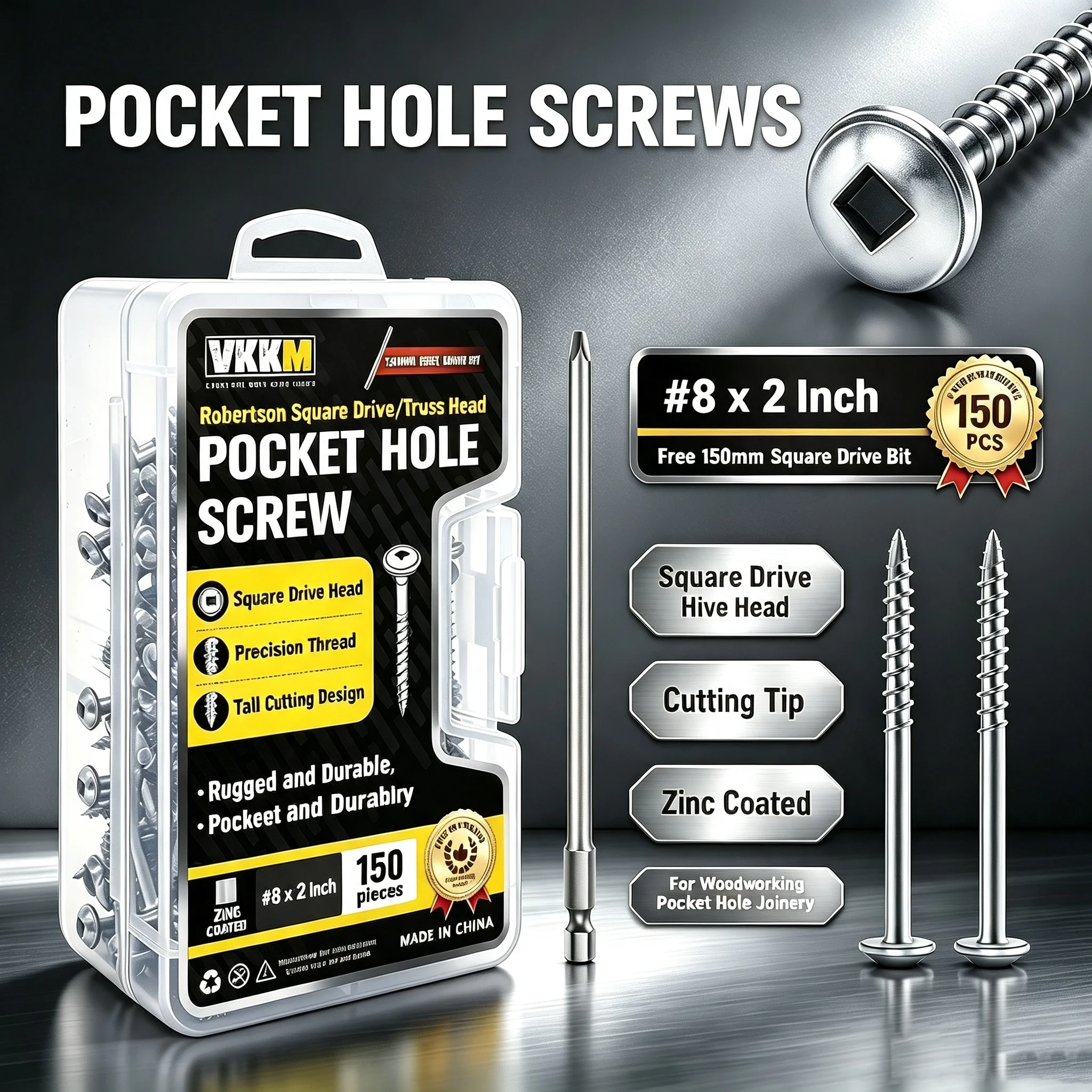 VKKM #8 X 2 Inch Silver Zinc Coated Pocket Hole Screws, Robertson Square Drive Truss Head Self Tapping Wood Screws, 150 PCS with Free 150mm Square Drive Bit for Woodworking Pocket Hole Joinery