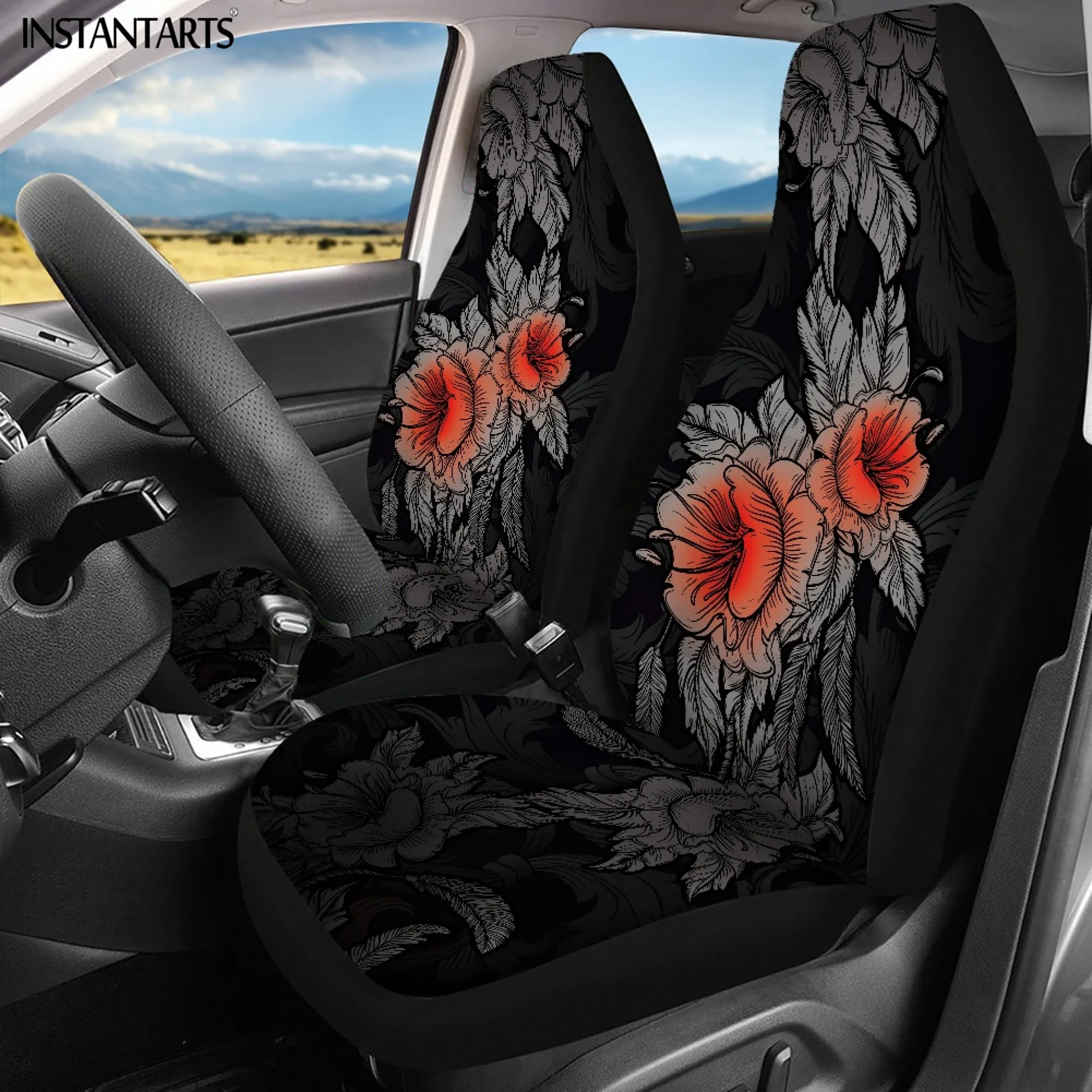 INSTANTARTS Gothic Rose Prints Front and Back Seat Covers for Car Creative Personality Breathable Soft Black Auto Decorative Pad