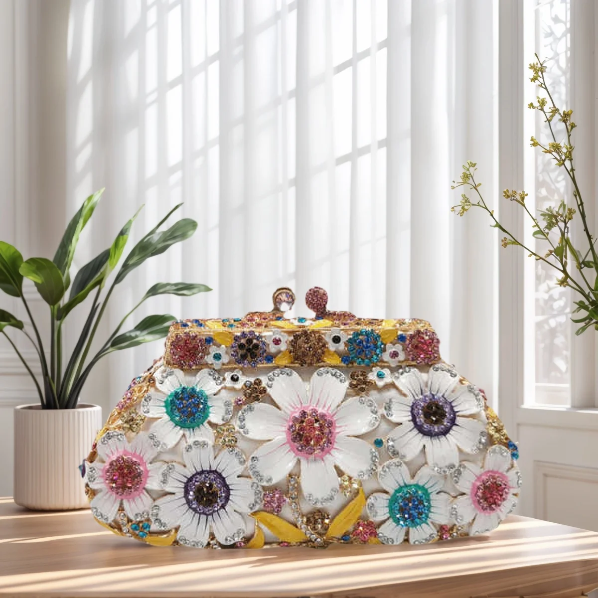 

Elegant Women Flower Evening Clutch Shiny Crystal Crossbody Purse Wedding Handbag with Rhinestone for Banquet Party
