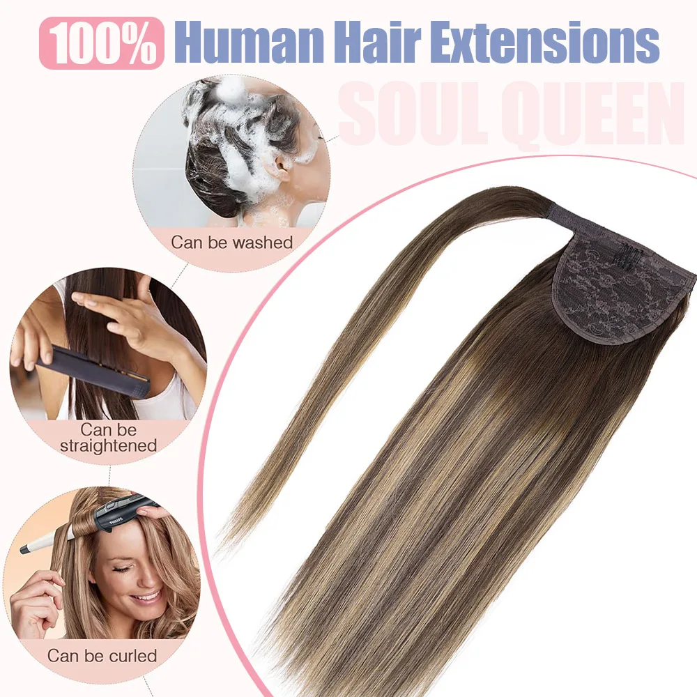 RoundAround-Queue de cheval droite brésilienne pour femme, extensions de cheveux humains Remy, cheveux humains