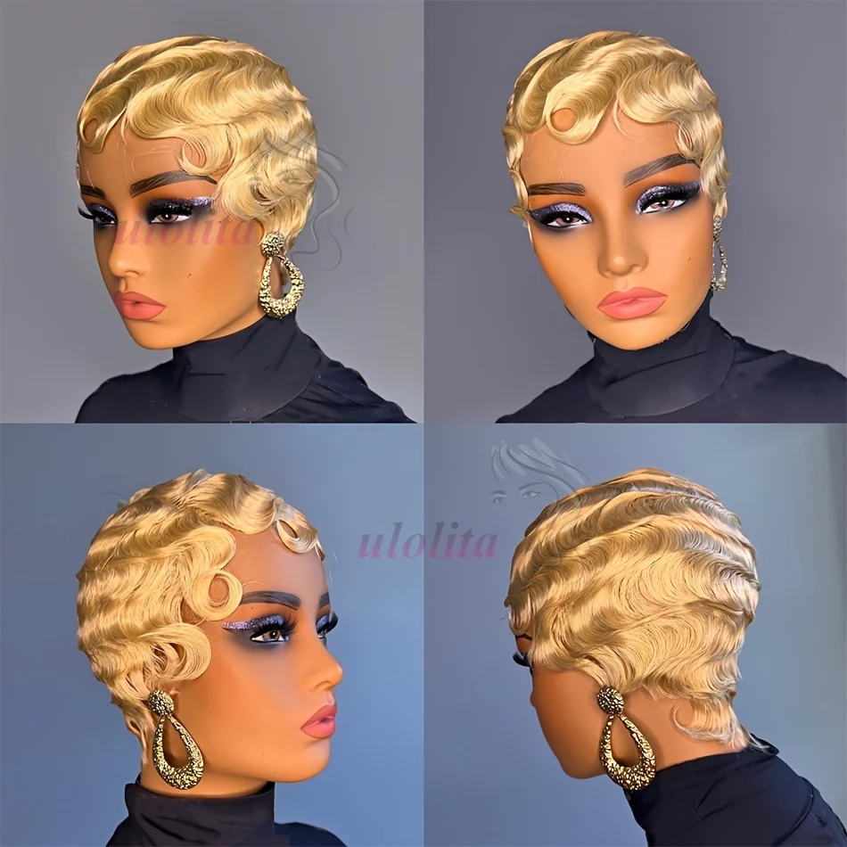 Farbton 99J # 27 braune kurze Pixie-Cut-Perücken für schwarze Frauen, Mommy-Perücke, brasilianische Echthaar-Perücken, Finger-Ocean-Wave-Perücke aus Echthaar – Detail 3