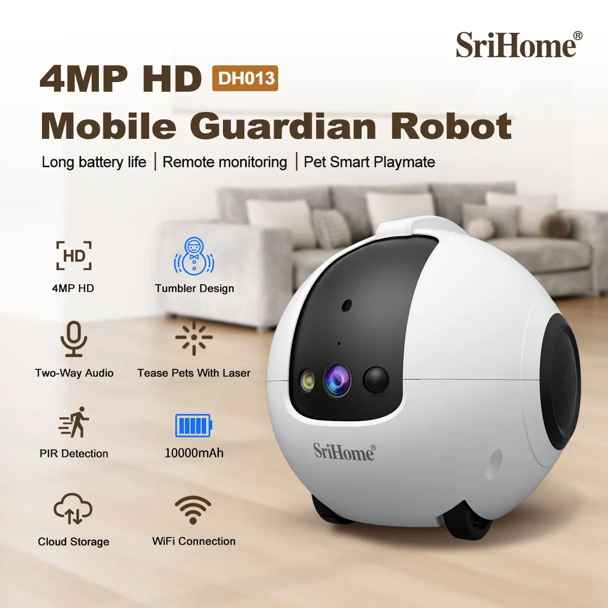 HD Wifi Camera 360° Pet Robot Toys Interactive Pets Camera 1080P Full Move Freely 2-Way Audio APP Remote Control Long Standby