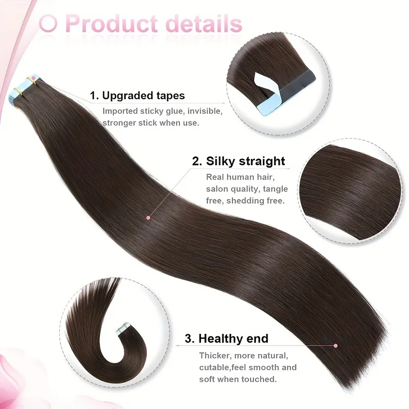 Cinta en extensiones de cabello humano, 20 piezas de Cabello 100% Remy, 50g por paquete, extensiones de trama de piel Invisible sin costuras, color marrón oscuro #2