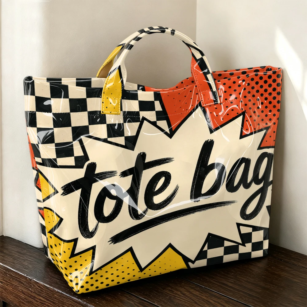 1Pc Pop cartoon Tote Bag Printed Tote Bag Large Transparent PVC Handbag Black and White Checkerboard+Red Dot Background+Cartoon Explosion Box+Black Brush Mark Letter Design Waterproof Beach Bag Retro Fun Wild One-Shoulder Shopping Bag.