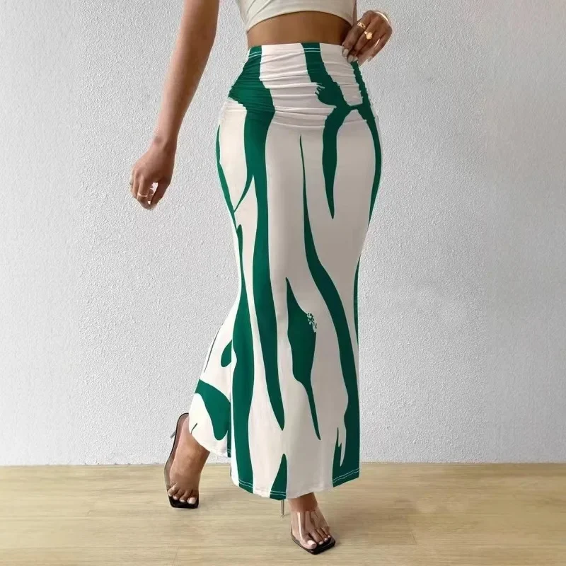 Eleganckie, codzienne graficzne nadruk zebry plisowane długie spódnice damskie moda jesienna elastyczna, wysoka talia geometria spódnica trzy czwarte Streetwear — zdjęcie 2