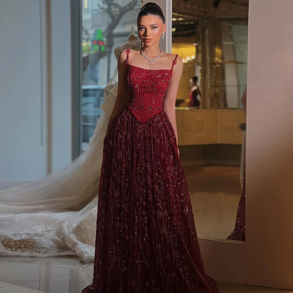 Elegantes A-Linie-Abendkleid aus Dubai-Arabien, Spaghettiträger, Perlen, langes formelles Abschlussball-Hochzeitskleid für Frauen, individuell gestaltet 2023
