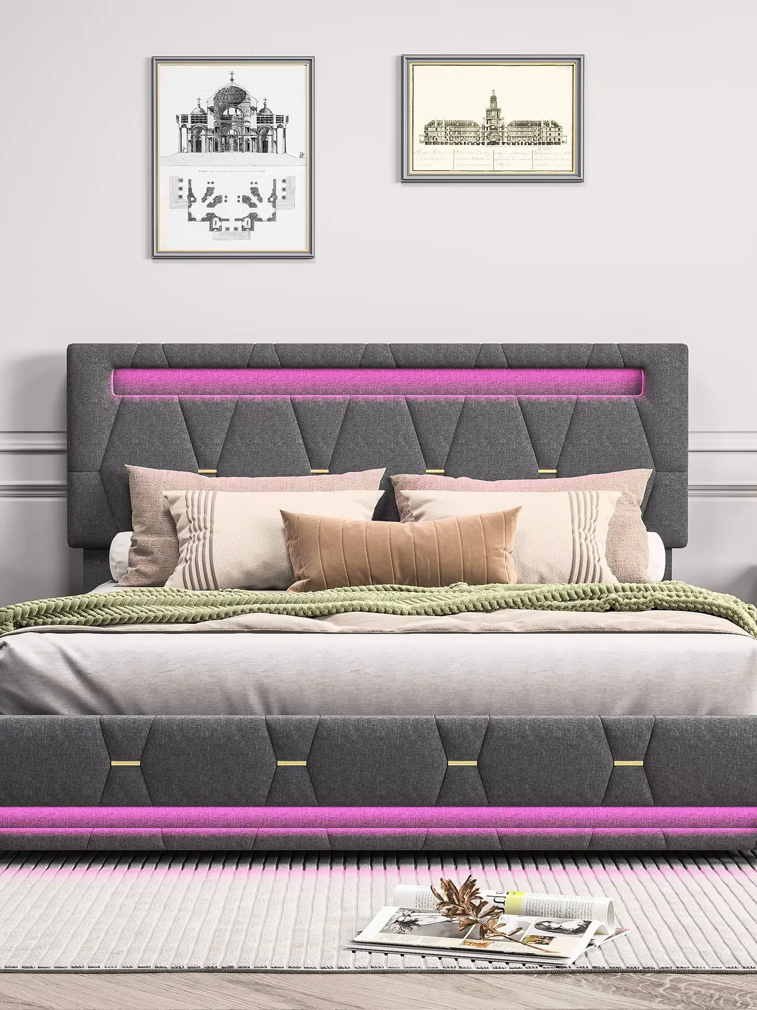 Polsterbett 140x200 cm, Doppelbett mit Stauraum und 4 Schubladen, Stauraumbett mit verstellbarem Kopfteil, Bettgestell mit Holzlattenrost, Leinenbett Grau, Jugendbett Gästebett Schlafzimmer Wohnung,