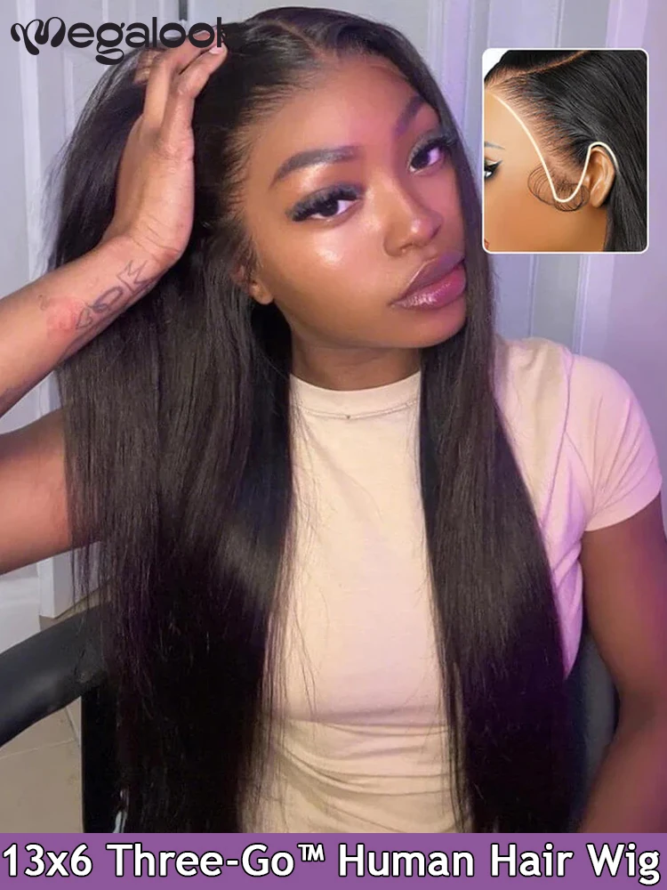 

Megalook 13x6 Glueless Wig silky Straight With Drawstring 100% Human Hair Wigs Lace Frontal Ear to Ear Wigs Bye Bye Knots