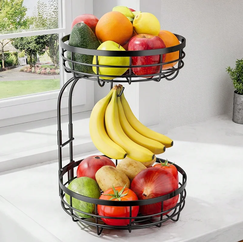 2 Tier Countertop Fruit & Vegetable Basket Bowl Organizer With Banana Hooks, Space Saving Multifunctional Kitchen Rack, Fruit, Vegetable, Bread, Snack Storage Decorative Hanging Shelf, Hangable Room Tree Hanging Metal Rack Decoration Hanger