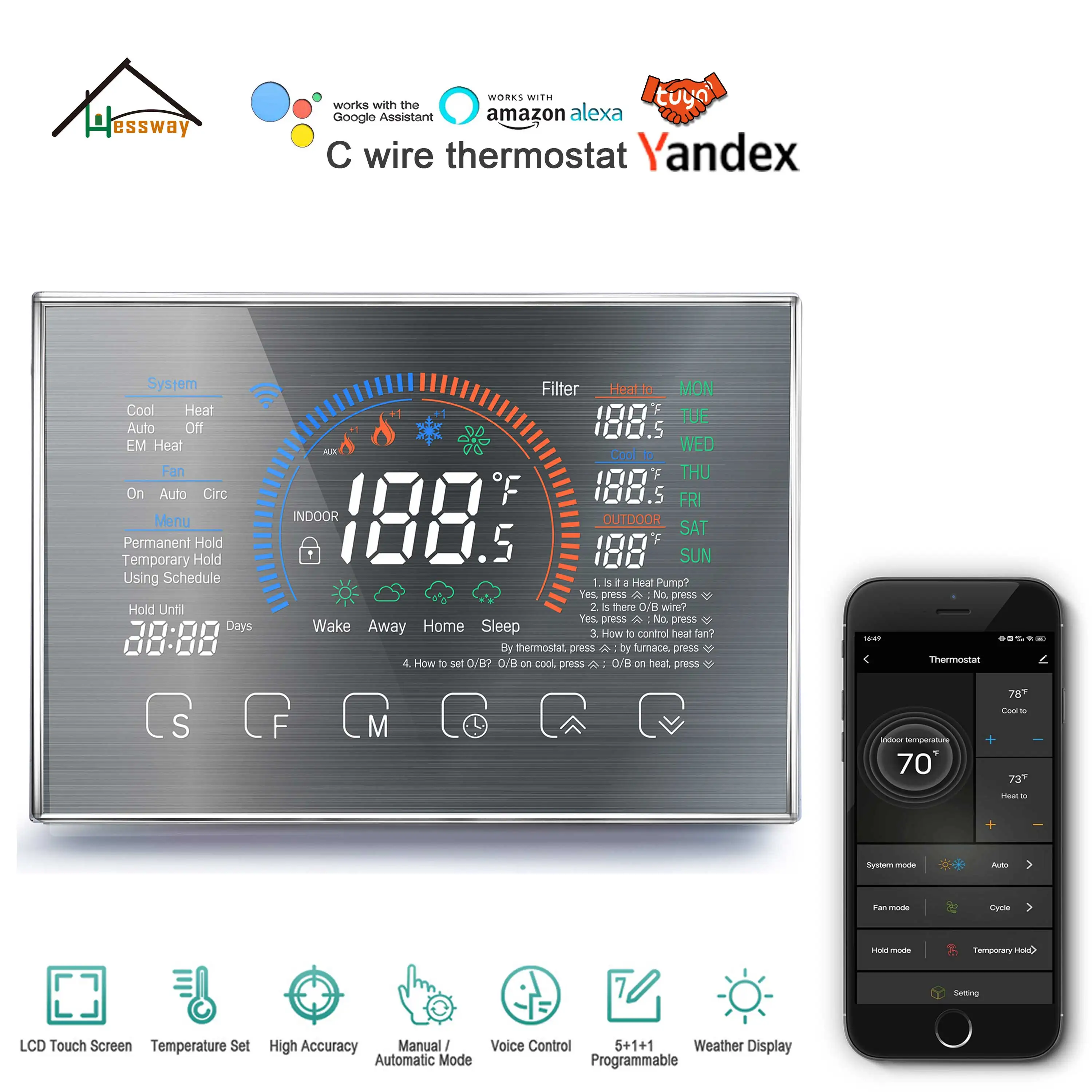 24V C Wiring Thermostat Heat Pump for HVAC System W C G Y R Connect Smart WIFI Remote Control