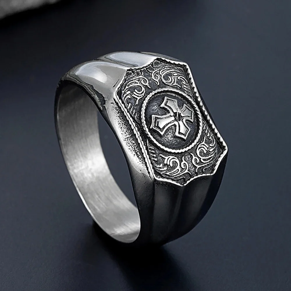 Bague croix foi et force pour hommes et femmes, cadeau de charme de fête, bague en acier inoxydable, accessoires de mode, bijoux rétro en argent, document
