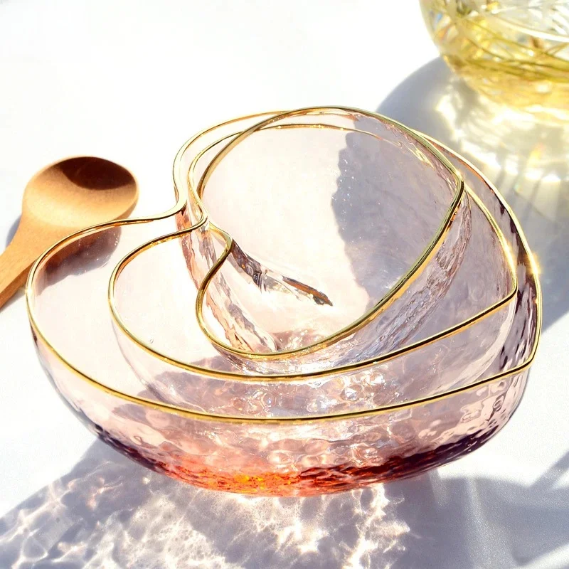 Bol en verre cristal en forme de coeur, bol à bord doré, vaisselle ménagère, fruits du petit déjeuner, flocons d'avoine, salade, riz, bol Noddle
