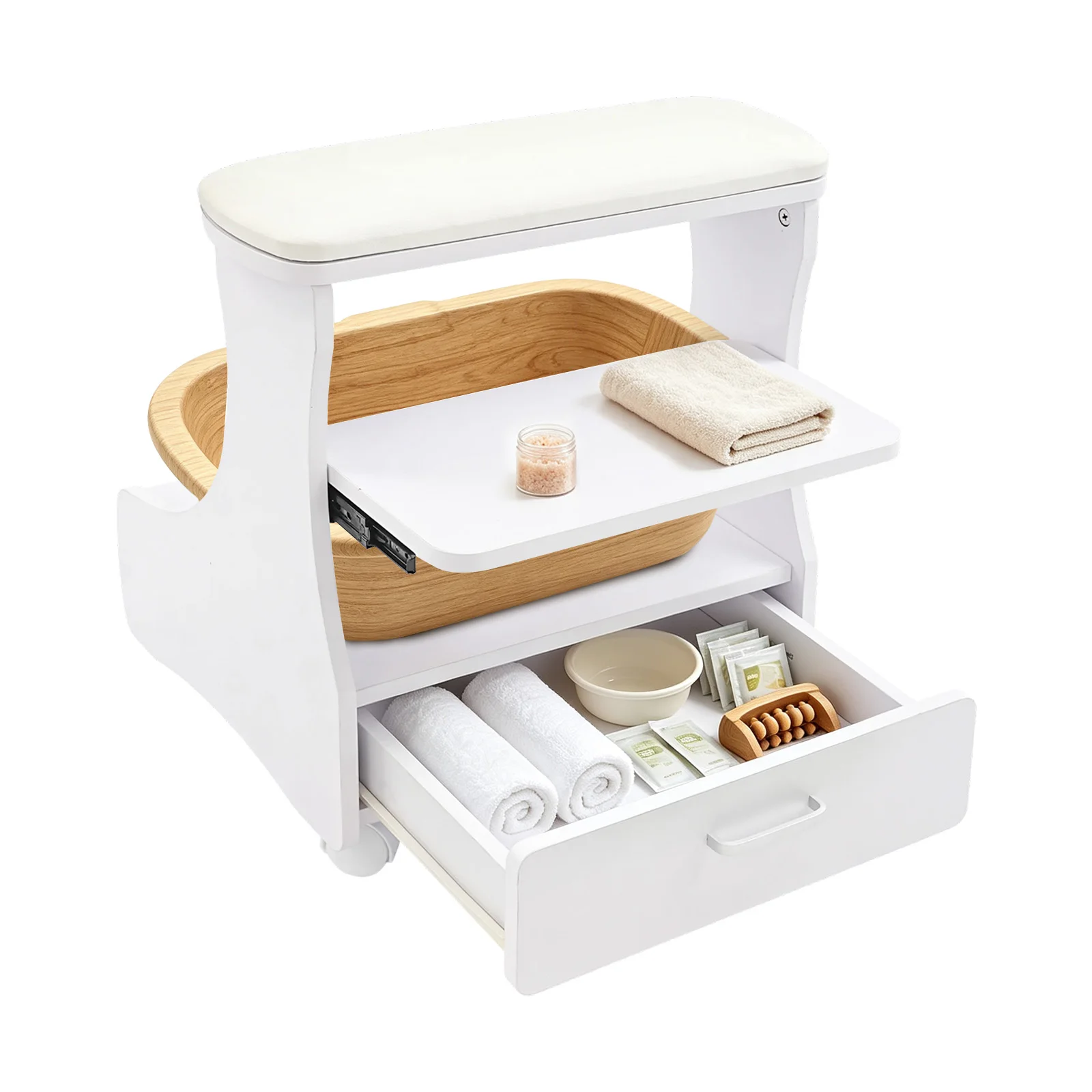 Foot Rest Pedicure Manicure Funiture with Drawer & Soft Cushion, 44 lbs Load Capacity Trolley for Foot Bath, Footbath Stool with 4 Lockable Wheels, Mobile Foot Bath Stool