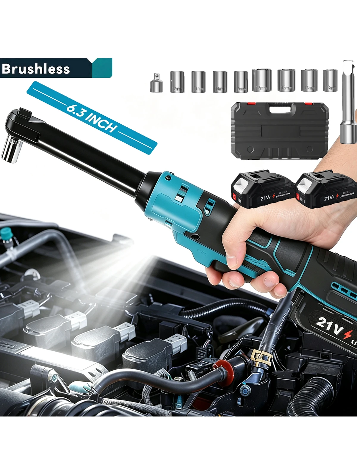16CM Verlängerter Bürstenloser Elektrischer Ratschenschlüssel 3/8' Akku-Schraubenschlüssel 80Nm Winkelschlüssel Auto-Reparatur Elektrowerkzeug-Set mit 2 Stück 21V Li-Akku