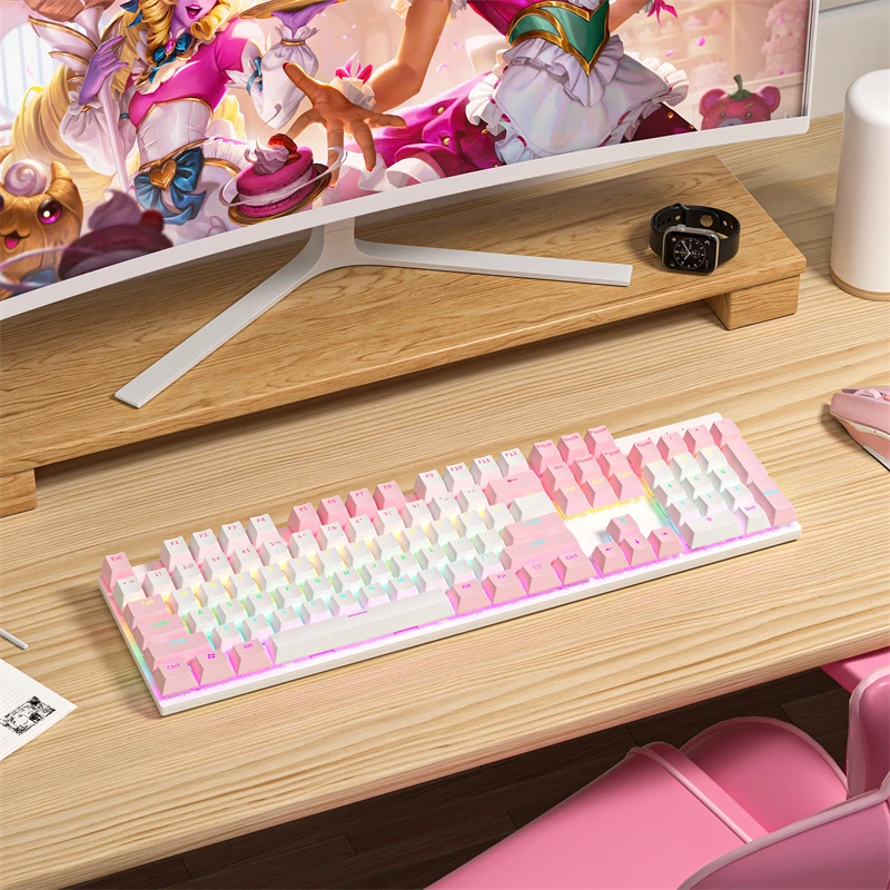 Imagem -06 - Zifiend Ky300 Teclado Mecânico 104 Teclas com Fio Arco-íris Rgb Backlight Computador Jogo Escritório Interruptor Marrom Branco Rosa