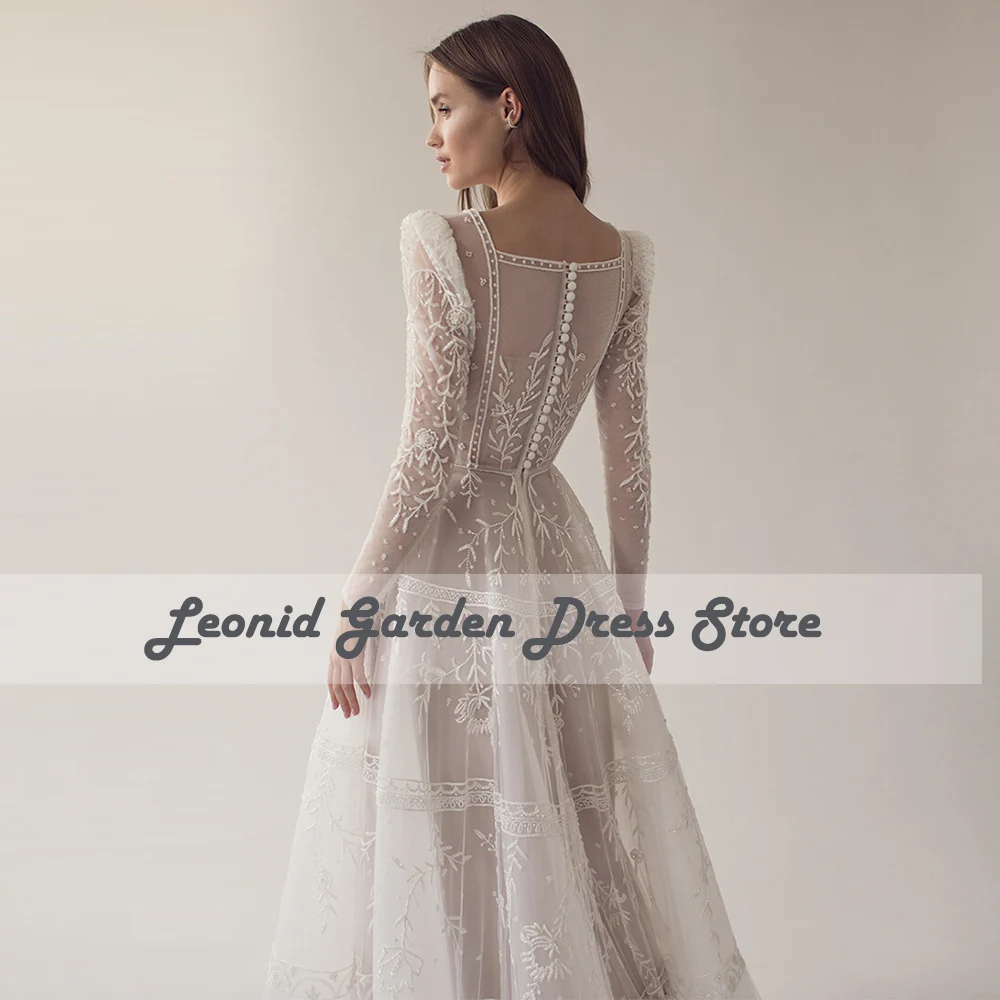 Sexy Organza Prom Dresses Square Collar Long Sleeves Illusion Wedding Guest Gowns Lace Appliques Floor Length A-Line فستان سهرة