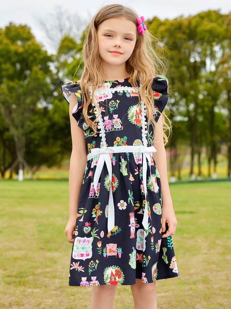 Summer dress black floral printed exotic princess  swing dress for girl