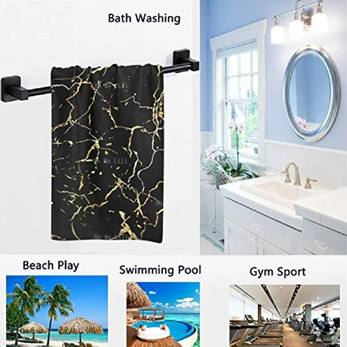 3D Stylish Gold Marbling Print Soft Large Hand Towels Multipurpose For Bathroom Hotel Black Floral