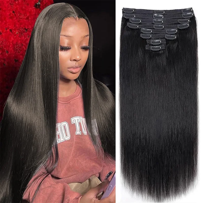 Clip In Hair Extensions Ludzkie włosy Brazylijskie proste klipsy w naturalnym czarnym kolorze Clip Ins Remy Hair 20 22 24 26 cali dla kobiet