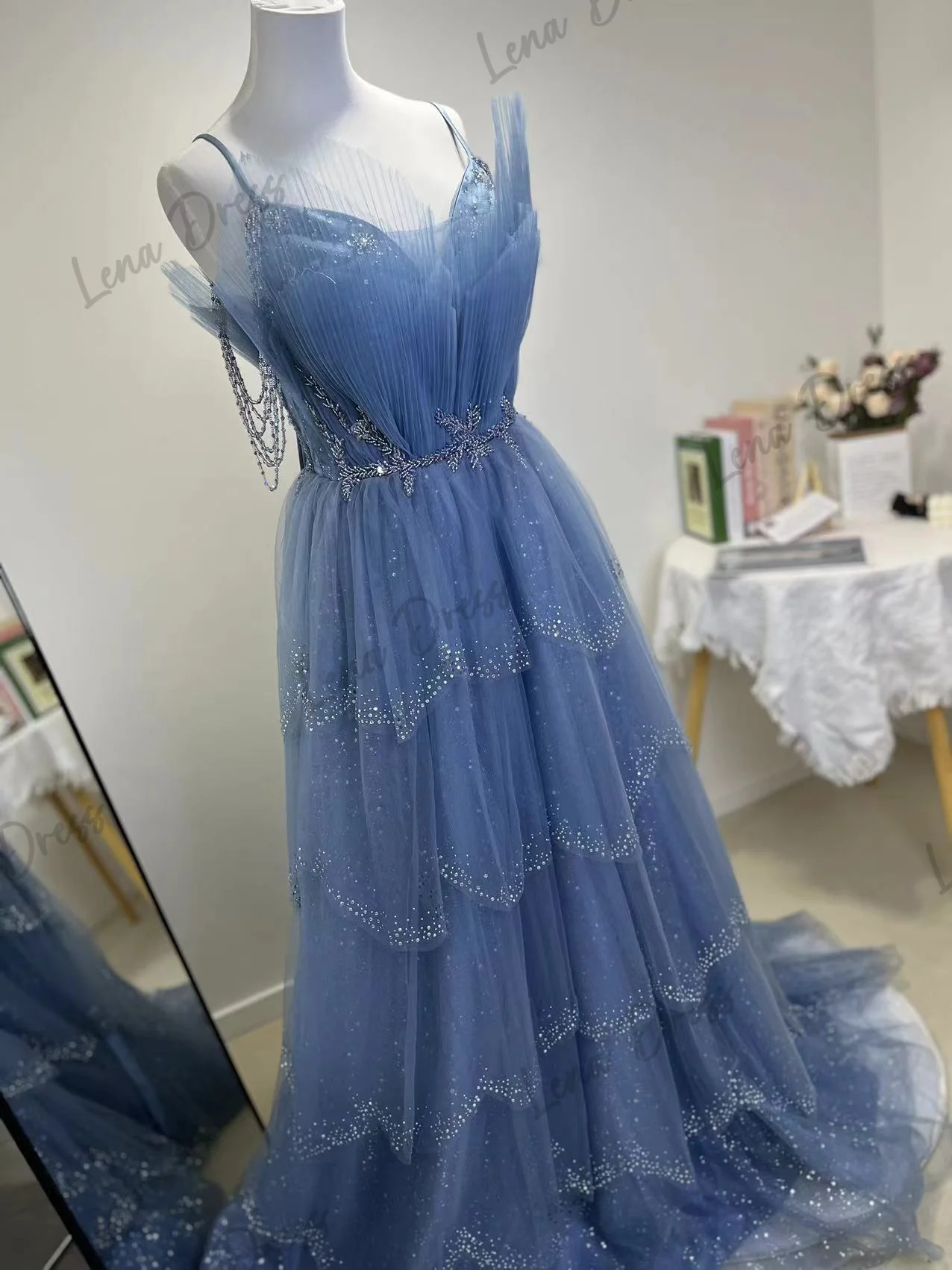 Lena-vestidos de graduación en capas para mujer, vestidos largos de noche de fiesta para ocasiones especiales, falda Maxi brillante de corte en A,