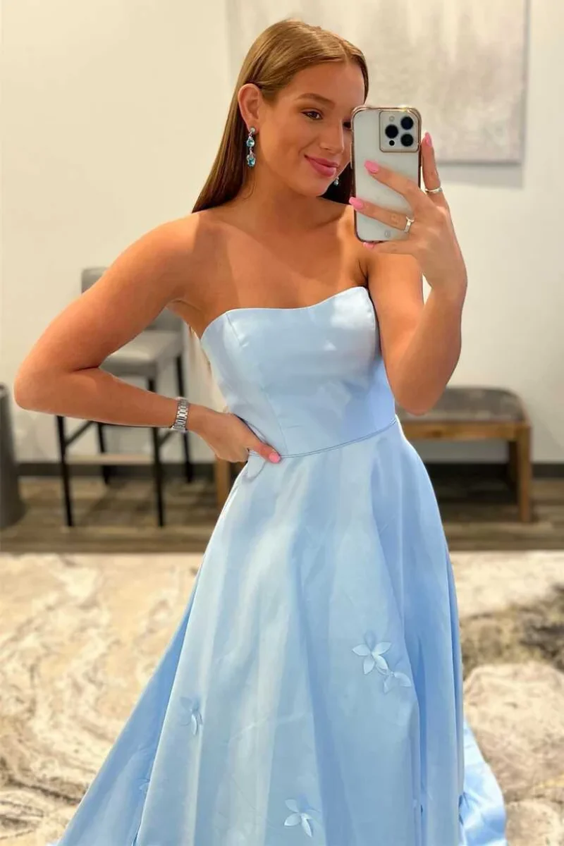 Jessica Handmade 3D Flowers Evening Dresses Sky Blue Prom Dresses Off-shoulder satin Women Wedding Party Dresses Customized