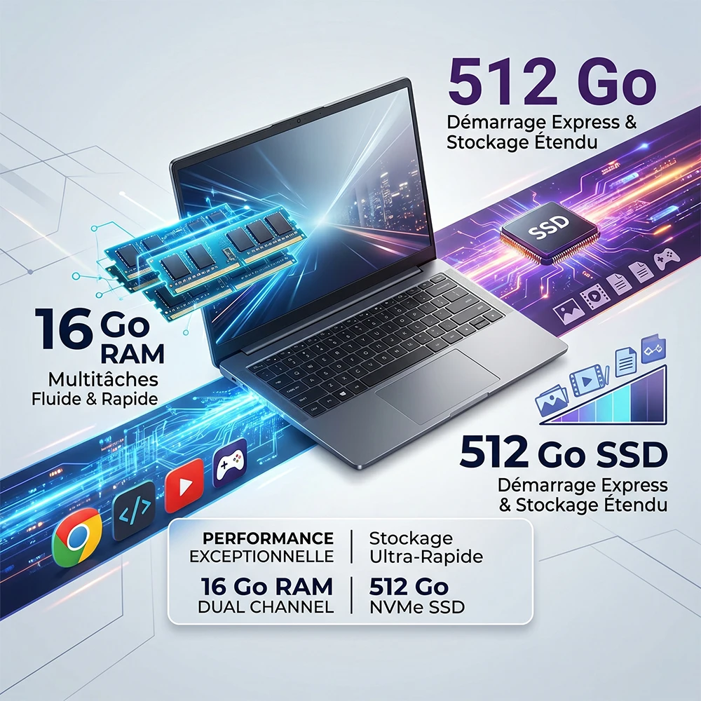 Laptop Laptop Full HD + Intel Celero N5095, 16 Go RAM, 512 Go SSD, Keyboard AZERTY French backlit with digital keypad, fingerprint unlock, Windows 11, WiFi Dual Band, bluetooth, PC Portable ideal for
