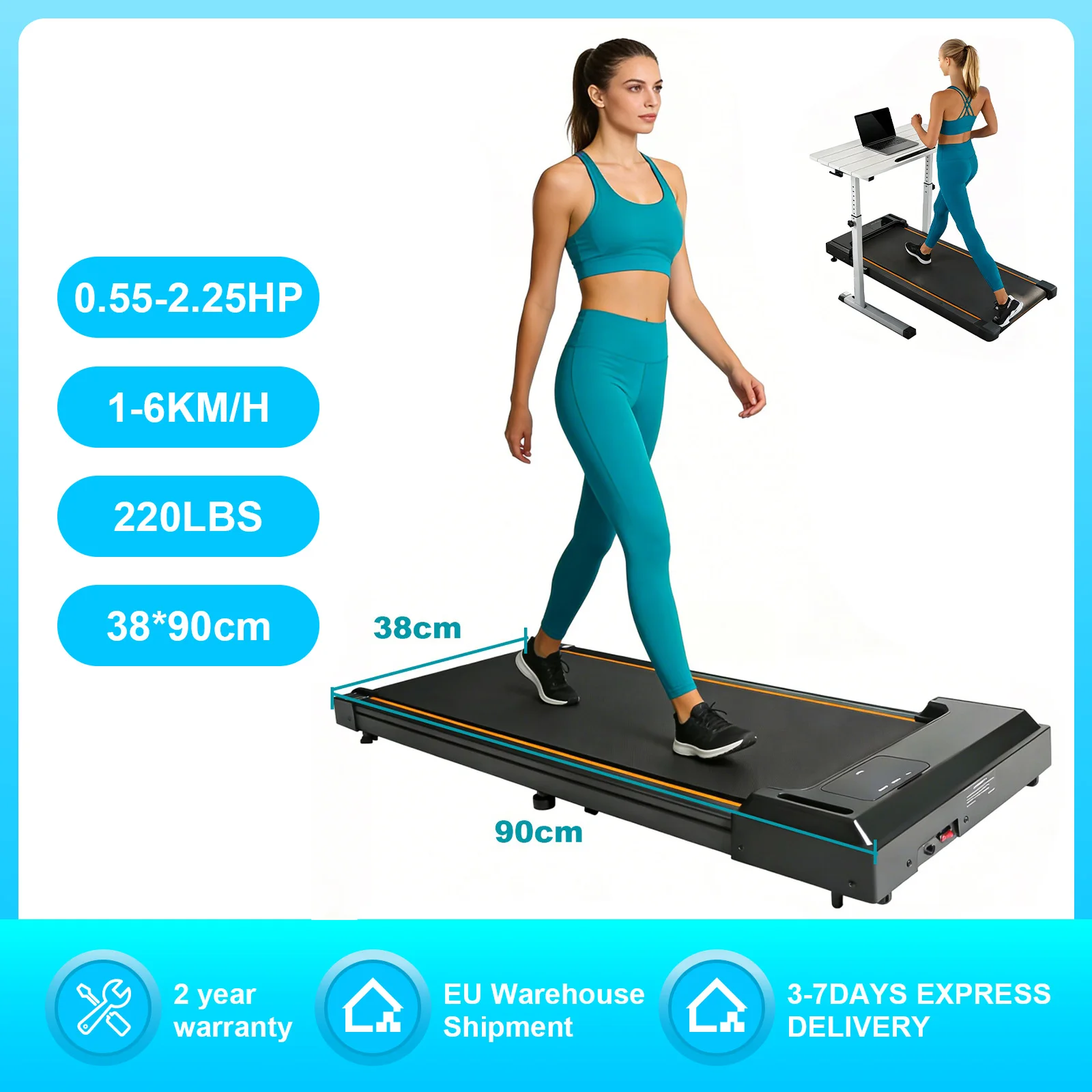 Tapis roulant piatto ATSANT AT2 Motore da 2,25 HP Gamma di velocità 1-6 km/h Mini tapis roulant domestico antiscivolo per assorbimento degli urti senza corrimano